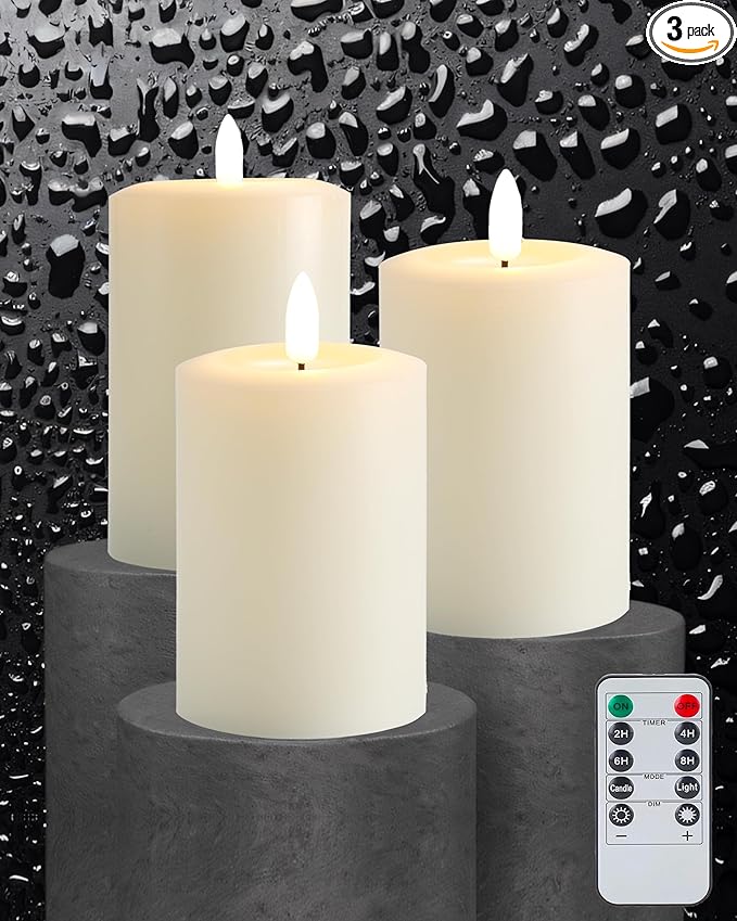 3"x6" Flickering Flameless Candles with Remote Timer, Real Wax, Ivory Pillar Candles, Set of 3 Large LED Battery Operated Candles for Home, Fireplace, Centerpiece, Rustic and Farmhouse Decor