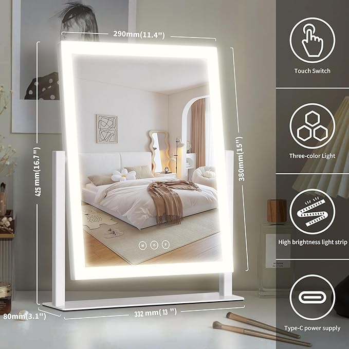 Lighted Vanity Mirror with Lights, Makeup Mirror with Light, 16.7"x 13.2",Three Color Lighting Modes and Dimmable Lighting, Smart Touch Control, 360°Rotation, for Vanity Desk Tabletop,Dressing Room