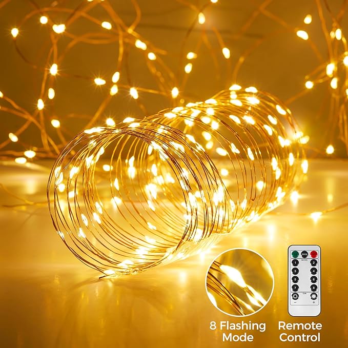 1 Pack 65. 6 ft. USB Powered Fairy Lights with Remote & Timer, 100 LED USB Twinkle String Lights - Silver Wire, 8 Modes, Waterproof, Warm White Starry Lights for Party, Wedding, Christmas