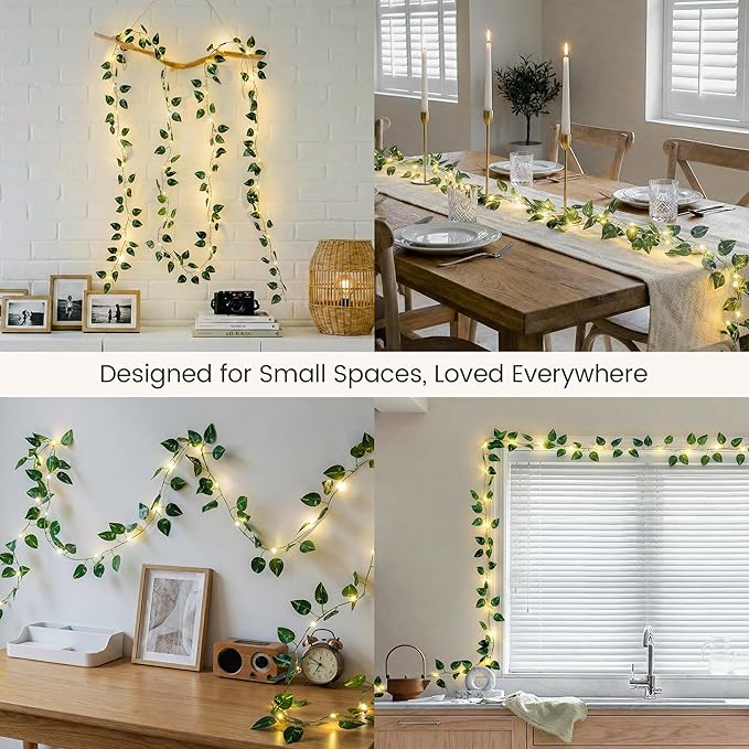 Pothos Green Vine Garland with 40 LED Fairy Lights – Modern Wall Greenery Decor with Remote, 8 Modes & Timer, USB or Battery Powered for Apartment & Indoor Spaces
