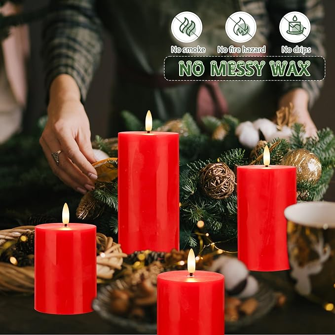 Red Flameless Pillar Candles, Battery Operated Wax Candles with Remote, Flat Top Flickering Christmas LED Candle Decorations for Xmas, Home, Party Decor, Set of 4