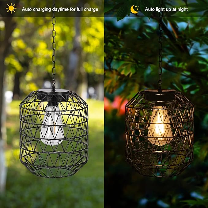 Livinlarge Solar Pendant Light,Outdoor Solar Powered Chandelier Hanging Lantern IP44 Waterproof,Gazebo Lights for Yard Patio Balcony Tree Porch Porch Garden Decor