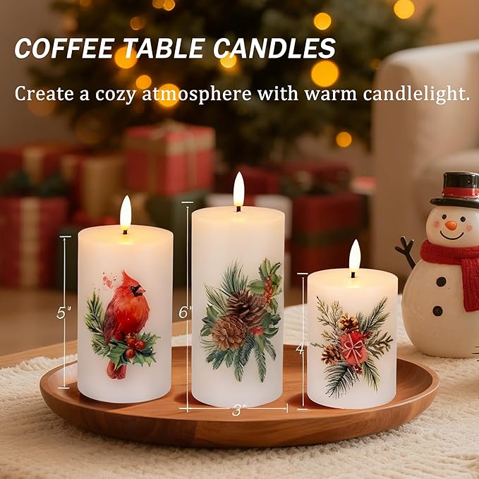 Flameless Pillar Candles with Remote, 3 Pack Battery Operated Real Wax LED Candles, Perfect for Home Decorations Fireplace Table, Christmas Sticker