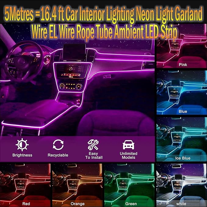 ABALDI El Wire Neon Light Car Interior LED Lights, Ambient Lighting Kits for Xmas Halloween Christmas Car Decoration(5m/16ft, Ice Blue)