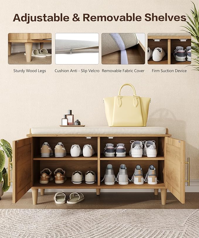 Rattan Shoe Storage Bench with Cushion, 2-Tier Entryway Bench with Adjustable Shelves and 2 Doors, 15" D x 31.5" W x 20" H, Solid Wood Legs, for Hallway, Living Room, Bedroom, Natural Oak