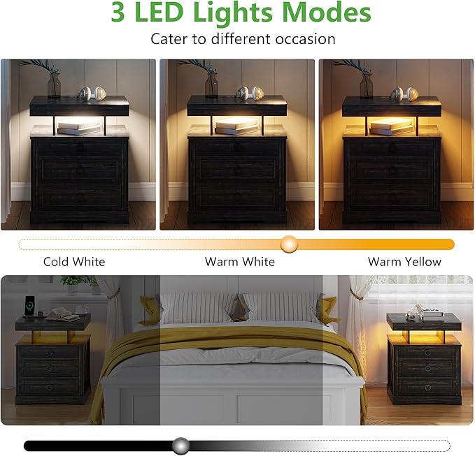 HNEBC Set of 2 Smart Farmhouse Nightstands with Gun Safe Drawers, 3-Color Auto LED Lights, Built-in Charging Station & Hidden Compartment, Bedroom Bedside Tables Rustic Brown