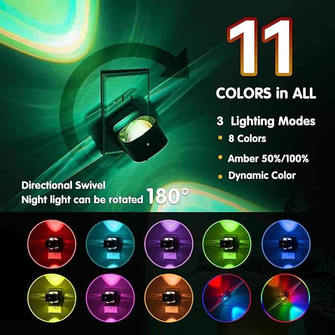 L LOHAS LED Night Light Projector, 2 Pack Color Changing Night Light Plug into Wall, Dusk to Dawn Sensor, Rotating Nightlight, RGB Ambient Lighting for Bathroom, Gaming Room, Decor, Gifts