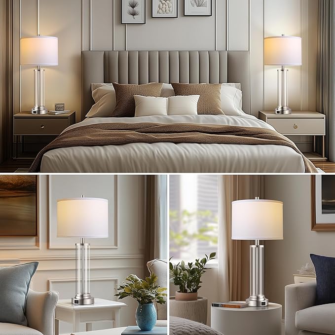 QiMH Touch Control Table Lamps Set of 2 with USB A+C Ports, 3-Way Dimmable Bedside Lamp for Living Room Bedroom House, Modern Nightstand Lamp with 2 LED Bulbs
