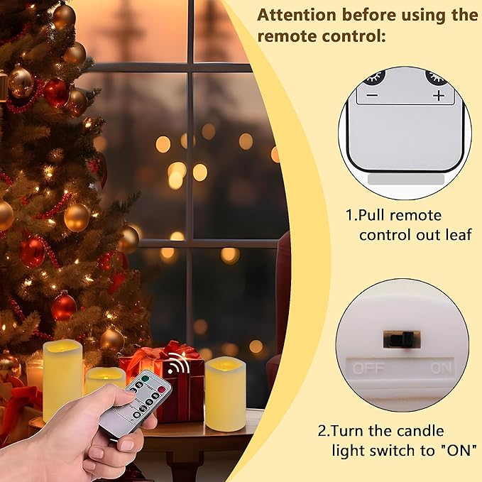 flameless Pillar Candles with Remote,Candles Battery Operated, Led Candles Flickering Real Wax Pack of 3, Christmas Home Wedding Birthday Decor(Classic Ivory)