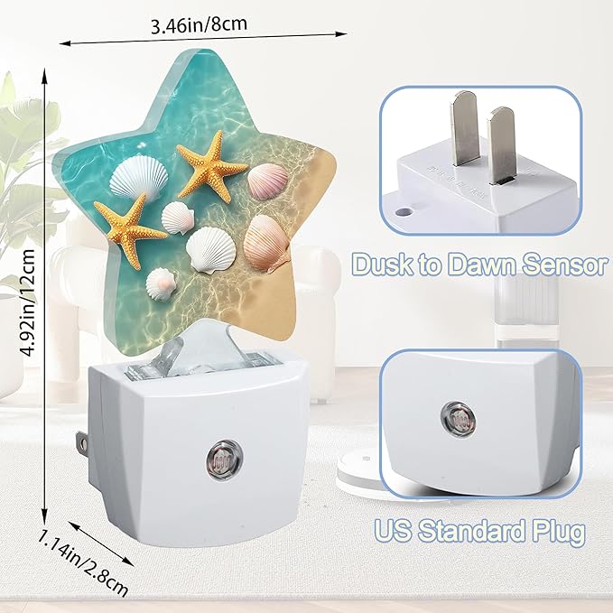 Night Light,Starfish Shell Plug into Wall with Dusk to Dawn Light Sensors,Summer Coastal Beach Warm Star Nightlights for Bedroom,Bathroom,Hallway,Kitchen Home Decor Desk Lamp