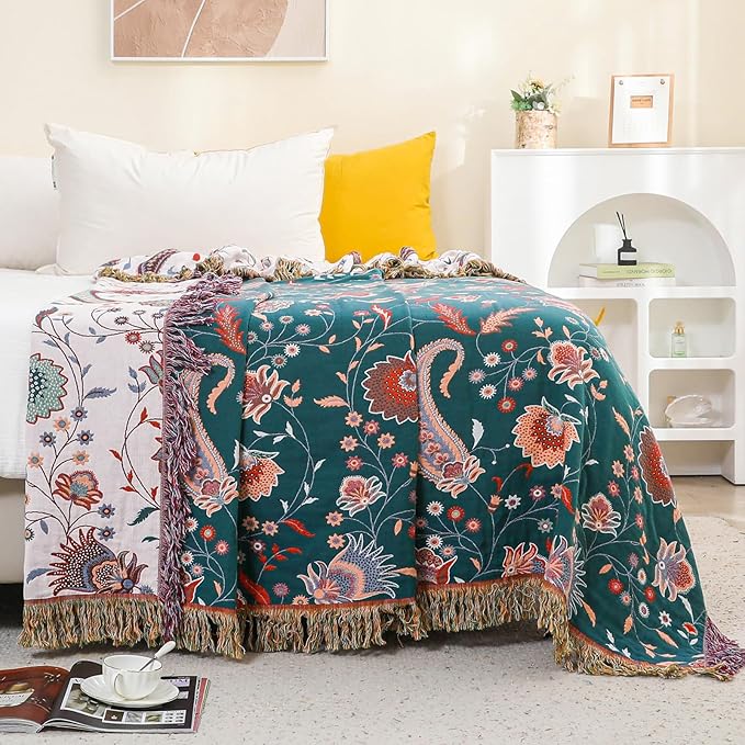 Boho Throw Blanket for Bed,100% Ultra Cotton Soft Breathable Bed Throw Floral Printed Farmhouse Decor Rustic Bed Throws for Couch Sofa Quilt White Flowers 90" x 98"