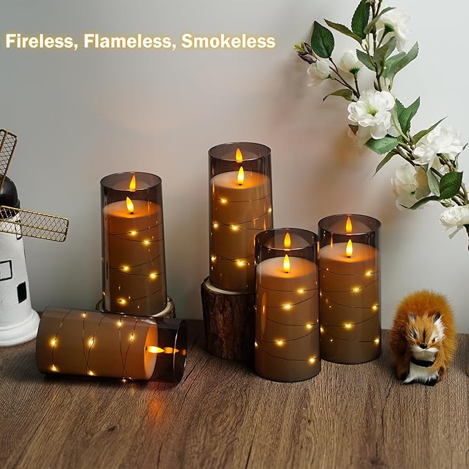 Flickering Flameless Candles with Remote Timer, 6pcs LED Battery Operated Candles with Embedded String Lights Grey, D3 H6