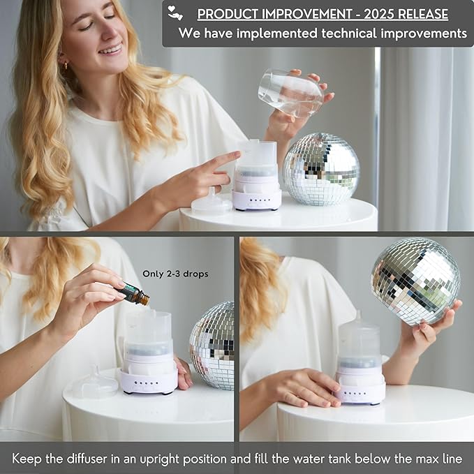 SCANDINORDICA Disco Ball Diffuser - Original Rotating Disco Essential Oil Diffuser with Whisper Quiet Operation, 14 Color Night Light & 4Time Settings | Cute Eclectic Home Decor for Medium Room Silver