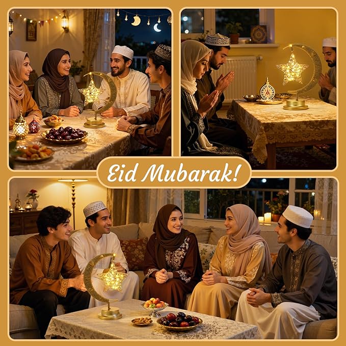 Lewondr Ramadan Moon Lamp with Rattan Star, Lunar Lamp for Night Stands, Battery Powered Ramadan Desk Lamps Decorations, Gold Crescent Table Light Bedside Lamps for Desktop Nursery Kids Room Decor