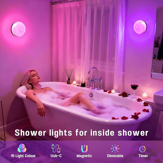 Loscarol Rechargeable Shower Lights with Remote, 15 RGBW Color Changeable Shower Lamp Waterproof, Dimmable ＆Timer Ceiling Light, Wireless LED Mood Lighting for Bathroom, Closet (Black, 4-Pack)