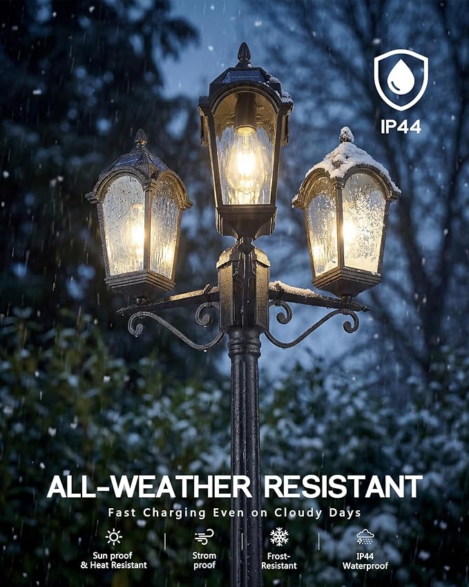 FEMILA 3-Light Solar Outdoor Pole Lights, 85.4" Aluminum Glass Lamp Posts Outdoor Lighting, Dusk to Dawn Solar Street Light with Remote Control for Yard Garden Driveway, 4FYX95PL-3 SL BK