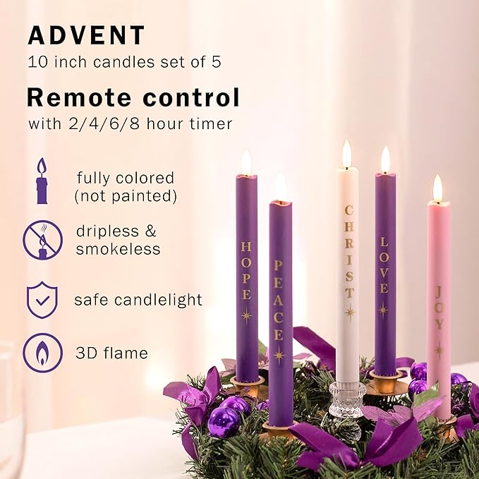 Flameless Advent Candles Battery Operated, Advent Candles Set of 5, 10 Inch Tall, Realistic 3D Flames and Remote Control, Electric LED Candle Set for Advent Wreath