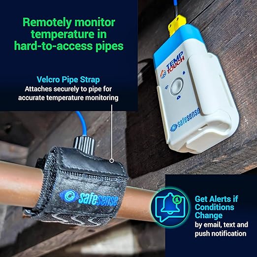 TempTouch WiFi Clamp Temperature and Humidity Sensor, Smart Thermometer for Plumbing and HVAC, App-Controlled Wireless with Velcro Strap