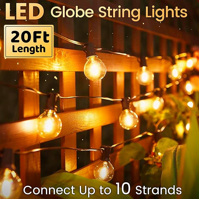 Outdoor String Lights 20FT - LED Waterproof Patio Lights G40 Globe Bulbs Shatterproof, Connectable Hanging Outdoor Lights for Outside Indoor Garden Backyard Deck Porch Party Decor