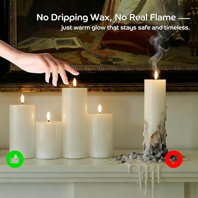 Battery Operated Candles with Remote, LED Flameless Real Wax Pillar Candles Set of 4, Timer Function, Safe Home Décor for Living Room, Bedroom, and Dining Table, White