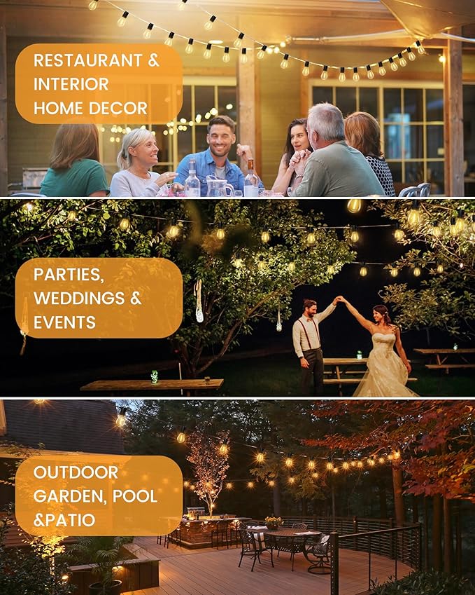 Torkase Solar String Lights Outdoor, 120FT 30+2 Shatterproof S14 LED Bulbs, Waterproof, USB Rechargeable, 2200K Warm White, Energy-Saving Hanging Patio Lights for Garden, Porch, Bistro, Deck, Market