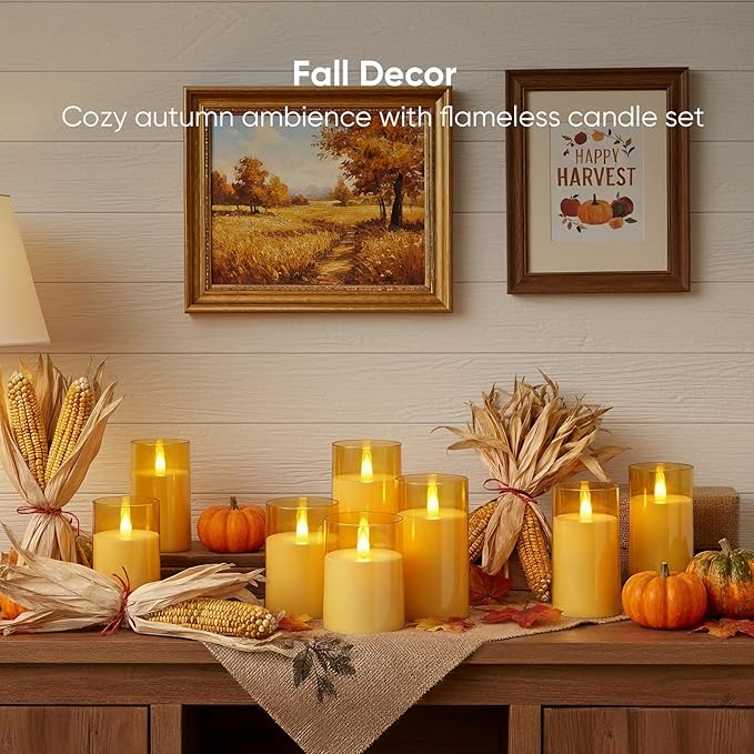 Amagic 3"×4" 5" 6" 6" 6" Gold Flameless Candles with Remote and Timer, Realistic Flickering Battery Operated Acrylic Led Fake Candles for Home Wedding Party Fall Christmas Decor, Set of 5