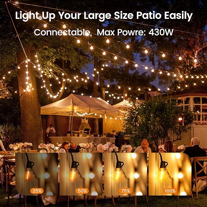 OHLUX Outdoor String Lights,110FT Dimmable Patio Lights with 58 Shatterproof 2200K LED G40 Bulbs(2 Spare),Waterproof Hanging Lights String for Outside Backyard Cafe Porch Deck Porch
