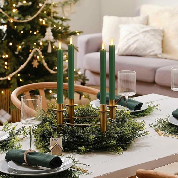 GenSwin FlamelessTaper Candles Flickering with 10-Key Remote, Battery Operated Led Warm 3D Wick Light Window Candles Real Wax Pack of 3, Christmas Home Wedding Decor(Green, 0.78 X 9.64 Inch)