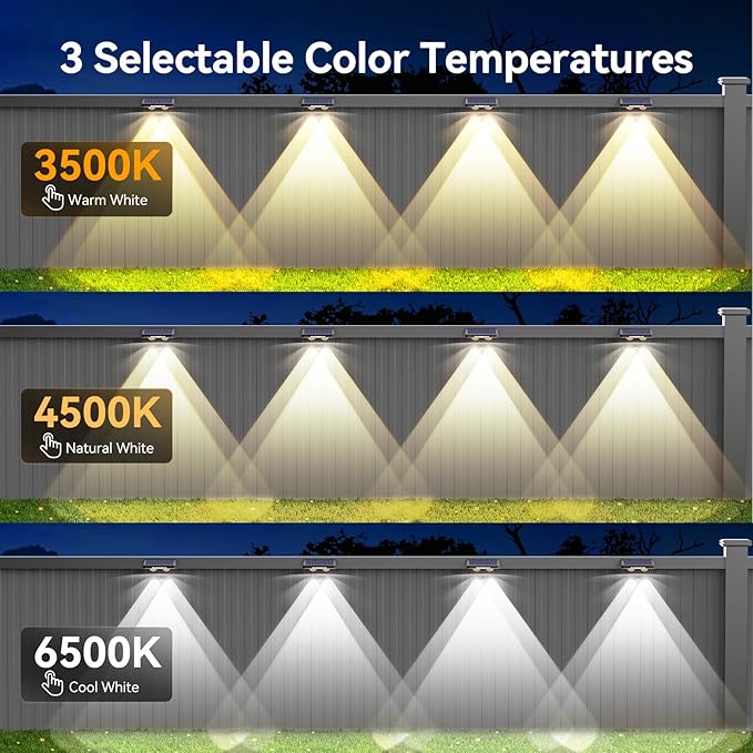 TECKNET Solar Fence Lights Outdoor 12 Pack, 3 Modes - Warm/Natural/Cool White, IP66 Waterproof Solar Lights for Fence with 2 High Brightness LED, Outside lighting Decor for Patio Wall Railing Backyard