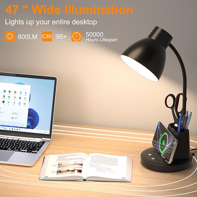 Sailstar Desk Lamp with Wireless Charger, 3 Color Modes Dimmable Desk Lights with Pen Holder, 800LM CRI 95+ Neck Flexible Desk Lamp for Home Office, College Dorm, Studying, Working, Adapter Included