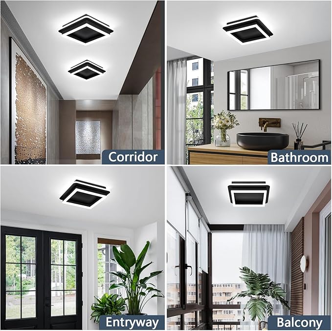 CANEOE Black Modern LED Ceiling Light, Square Flush Mount Ceiling Hallway Light Fxitures, 6000K Cold White Small Close to Ceilings Lamp for Bedroom Hallway Kitchen Balcony Cloakroom