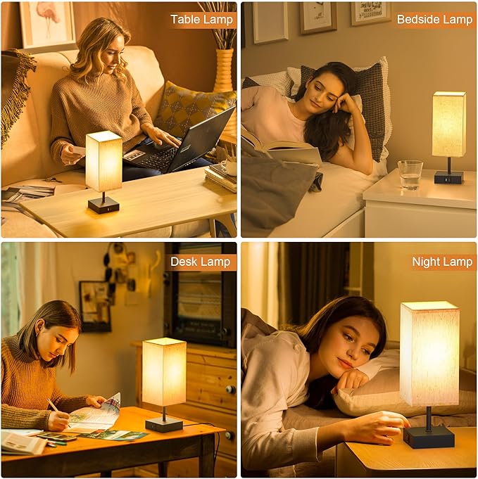 hansang Bedside Lamp, Touch Lamp with 3 Way Dimmable 2700K LED Bulb Touch Control USBA USBC Charging Port Black Base Linen Fabric Shade, Lamps for Bedroom Reading Room, 2 Pack