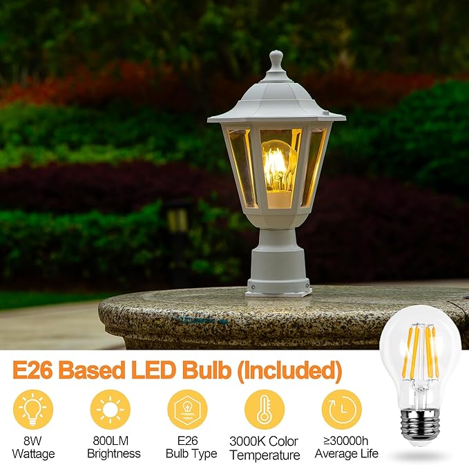FUDESY Outdoor Post Light, Outdoor White Lamp Post Light Fixture with Pier Mount Base, Waterproof Pole Light Fixture with E26 Socket, Exterior Lamp Post Lantern for Garden Yard Patio Pathway