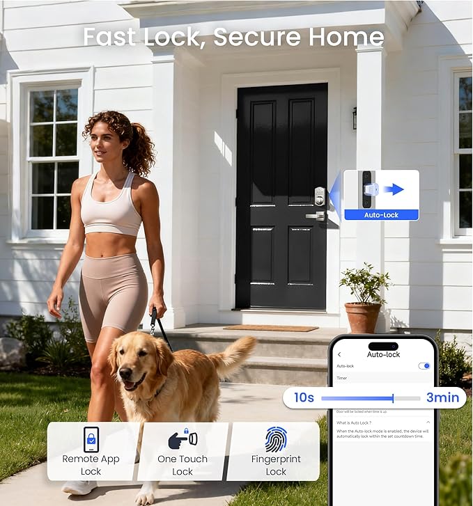 Veise VE012W-L Built-in Wi-Fi Fingerprint Smart Lock with Lever Handle Set, App Remote Control, Keyless Entry for Front Door, Deadbolt Digital Backlit Keypad, Voice Assistant, Auto Lock, Satin Nickel