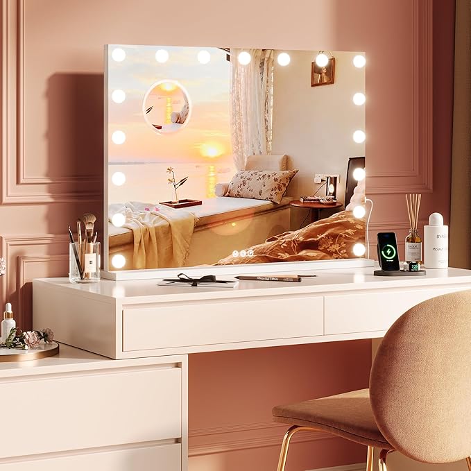 IDEALHOUSE Vanity Mirror with Lights, 32''x24'' Tabletop LED Makeup Mirror, 3 Color Lighting Modes, USB Charging Port Touch Control, Detachable 3X Magnification Mirror, Tabletop or Wall-Mounted