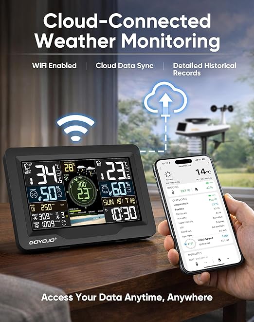 WiFi Weather Station with 7-in-1 Outdoor Sensor, Large Full-Color LCD, Indoor Outdoor Temperature & Humidity, Wind Speed/Direction, Rainfall, UV Index, Barometric Pressure, 433MHz, 300ft Range, App