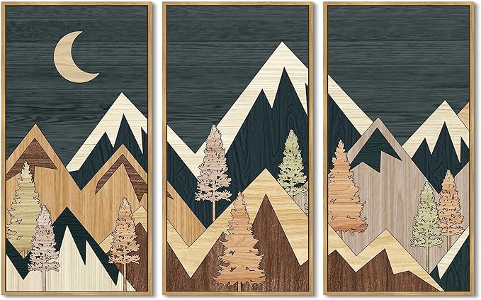 KUVIOKE Huge 16x32in Wooden Mountains Range Landscape Wall Art Framed Tree Nature Wall Decor Moon Rises Prints Bedroom Living Room Ready to Hang Natural Framed