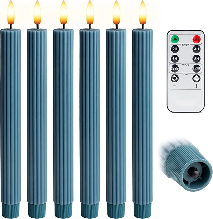 6 Pack, 10" LED Flameless Blue Fluted Ribbed Grooved Taper Candles, Remote & 24h Timer Memory, On/Off Button, Dimmable, Flicker Mode, Battery Operated, Christmas Menorah Wedding