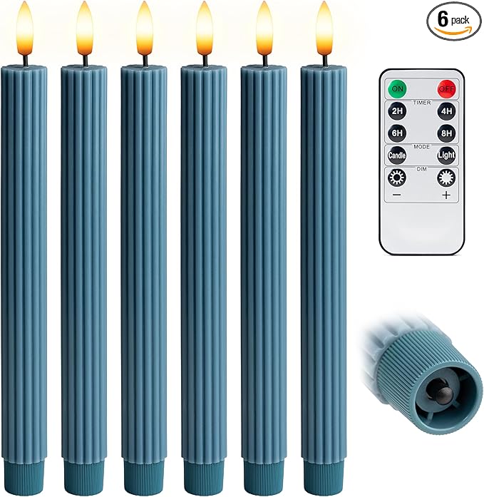 WYZworks 10" Fluted Ribbed LED Blue Grooved Pillar Candles, Remote & 24h Timer Memory, On/Off Switch - Flameless Dimmable Battery Operated w/Flicker Mode, Home Wedding Decor (6 Pack)