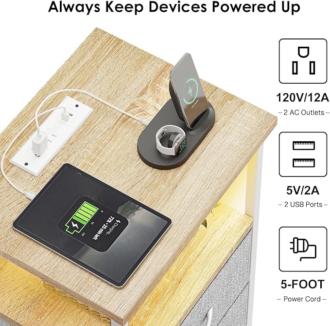 Fixwal Night Stand with Charging Station, LED Nightstand with U-S-B Ports and Outlets, 2 Fabric Storage Drawers with PU Finish, Small Bedside Table, Natural Oak & Light Grey