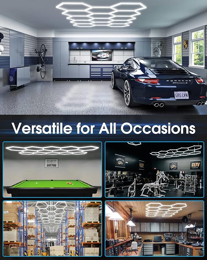 Hexagon Garage Lights 456W 50160LM,14 Grids LED Hexagon Light,7000K Honeycomb Lights for Garage,Warehouse,Car Detailing Shop,malls,Gym