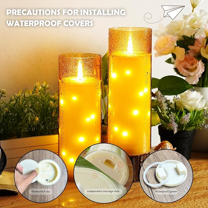 11" x 4" Large Outdoor Waterproof Flameless LED Candles with Remote and Timer,Acrylic Pillar Candles Battery Operated with Embedded Star String for Porch,Patio,Outdoor Decor,Set of 2(Gold)