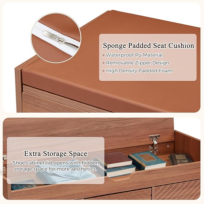 ECOTOUGE Storage Bench, Shoe Bench with Lift Top Storage, Entryway Bench with Cushioned Seat, Adjustable Shelf for Living Room, Bedroom, Hallway, Brown