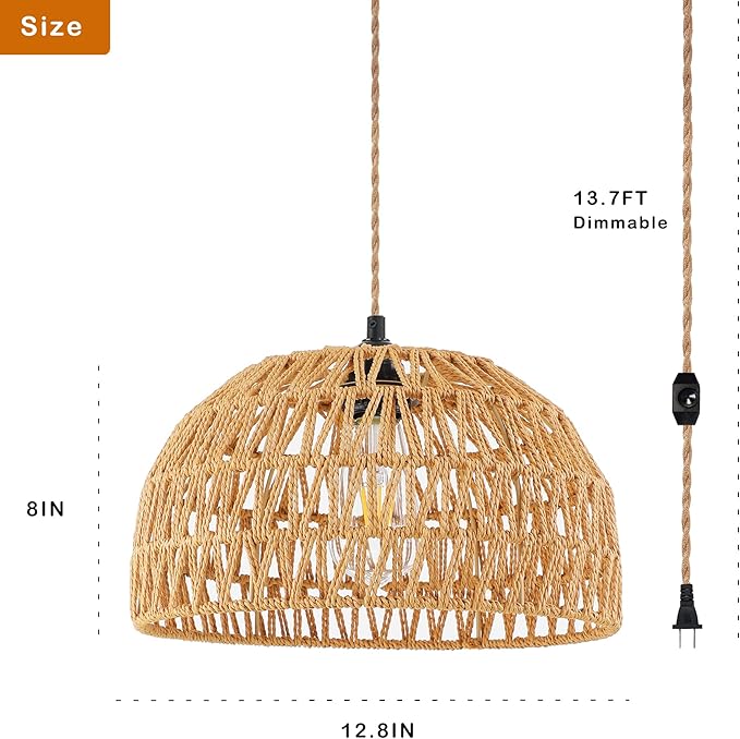 Plug in Pendant Light Rattan Hanging Lights with Plug in Cord Wicker Hanging Lamp with Woven Bamboo Basket Lamp Shade,Dimmable Switch,Boho Ceiling Light Fixtures for Kitchen,Farmhouse,Bedroom