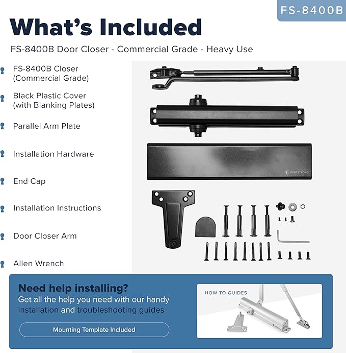 Commercial Door Closer – Black Heavy Duty Grade 1 Automatic Door Closer for Commercial Use - Auto Hydraulic Spring Hinge - FS-8400 UL Listed, ADA Adjustable Spring Closure Arm No Slam Self Closing