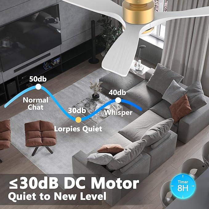 52 Inch Smart Low Profile Ceiling Fans,Solid Wood Outdoor Indoor Ceiling Fan with Lights Remote,WIFI Alexa App Control,Quiet DC Motor,Dimmable LED,Modern Flush Mount Fan for Bedroom Patio,Gold White