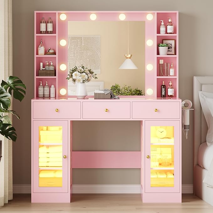 Makeup Vanity Desk with Mirror and Lights, Glass Top Vanity Table Set with Drawers & Power Outlet, Large Dressing Table with 3 Color Lighting Modes & RGB Cabinets for Women Girls Kids Bedroom, Pink