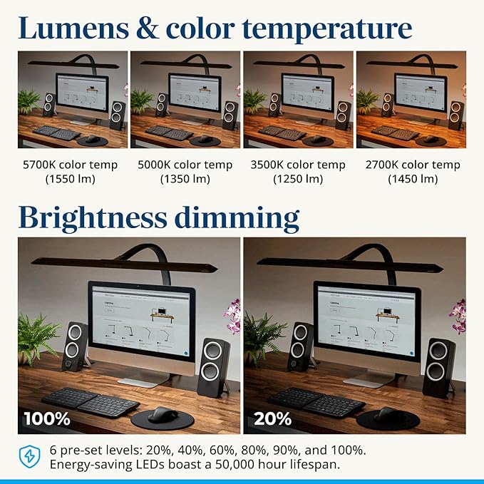UPLIFTDESK Sliding Flex Clamp Lamp – LED Office Desk Lamp with Clamp with 6 Brightness Levels and 4 Color Temperatures, Great Work from Home and Office Accessories (Black)