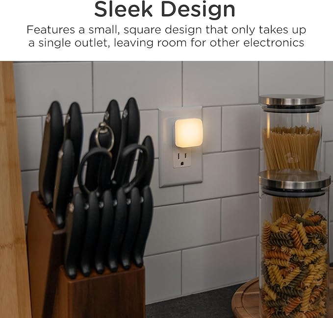 Lights by Night Mini Square LED Night Light, Plug in, Dusk to Dawn Sensor, Warm 3000K, Compact Single Outlet Design (Doesn’t Block 2nd Outlet), Ambient Lighting, Bedroom, Bathroom, 2-Pack, 82488