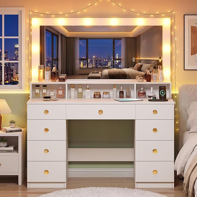 White Vanity Desk with Large Lighted Mirror, Makeup Vanity Desk with Power Outlet, 9 Drawers & Storage Shelf, Women Girls Vanity Dressing Table for Bedroom Bathroom